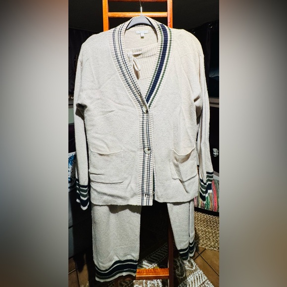 CreamCashmere Cardigan and Pants Set with Striped Trim